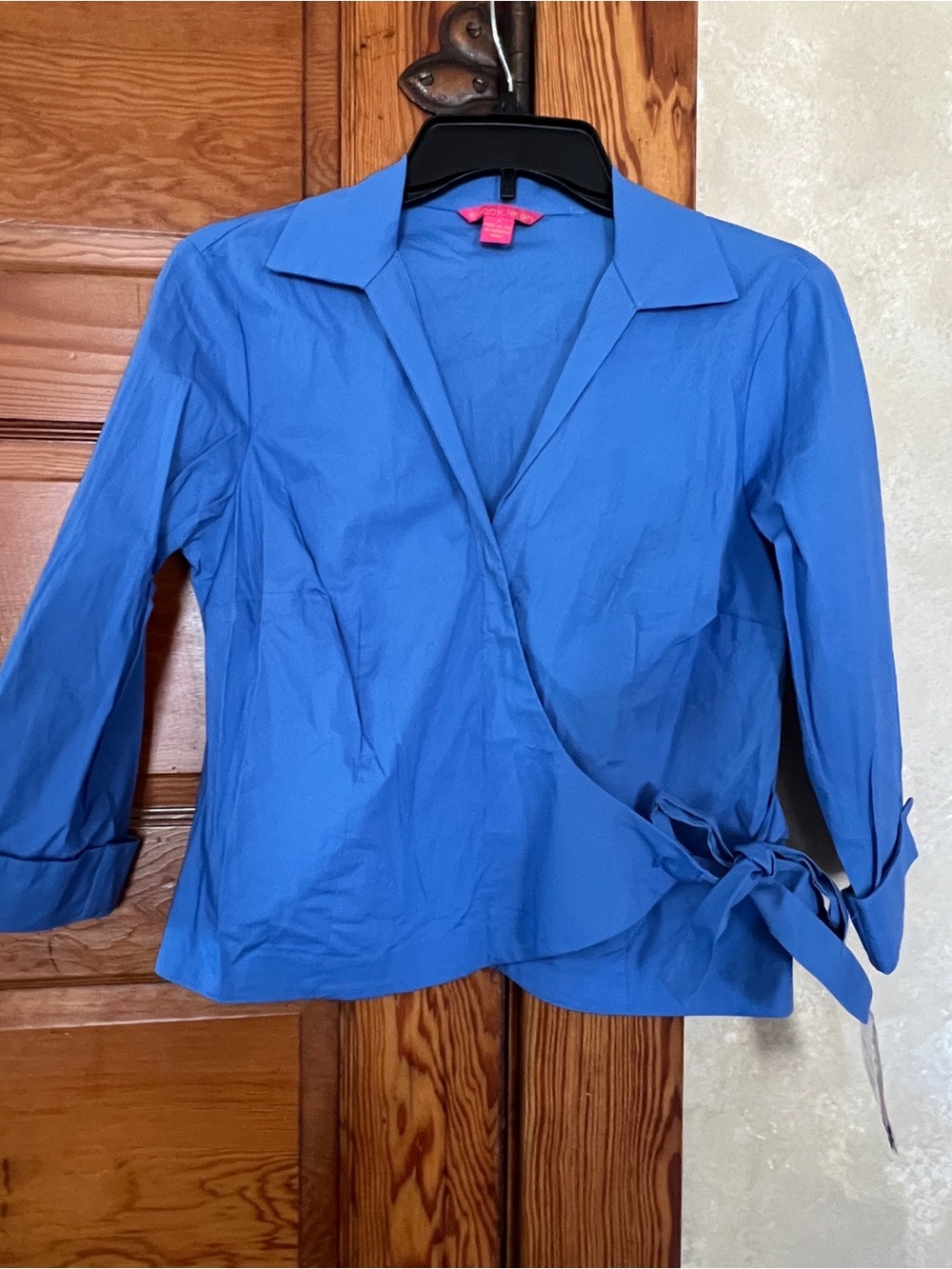NWT Sunny Leigh Women’s Blue Collared Wrap Tied Blouse Size 4 Coquette Preppy